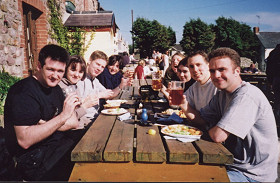 Hywel (left) and Gareth (right) and friends at the Kings Head, Llangennith, Wales, 2001