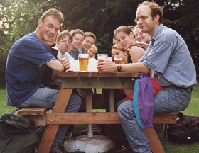 Me with a flock of student friends at the Coach and Horses, Weatheroak, Worcestershire, in the early days of this guide in Summer 1998